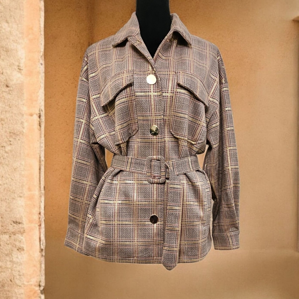 Alice Blue Checkered Belted Utility Jacket